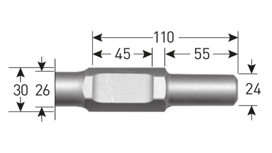 rond 24 x 55 mm 6-kant 30 mm met uitsparing schacht 26 mm